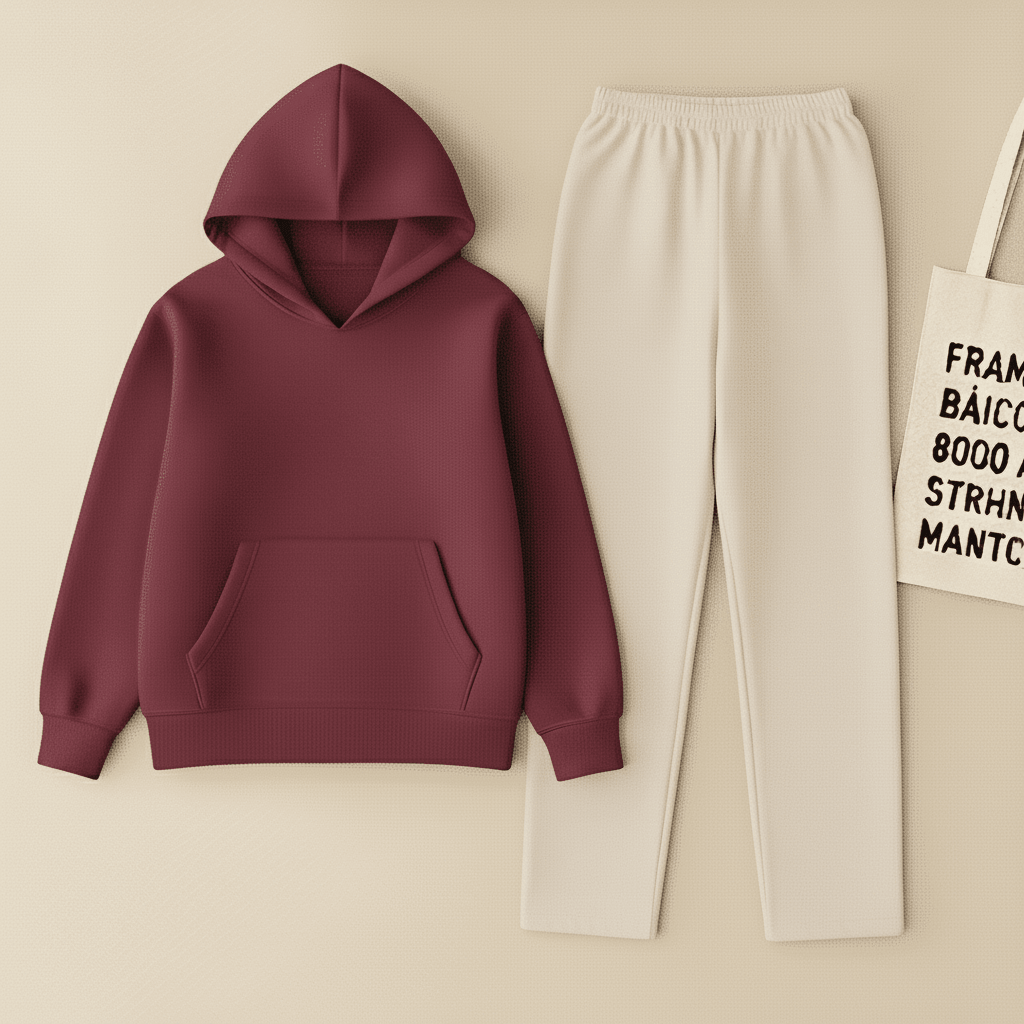 Maroon Hoodie & Beige Flapper Trouser Set