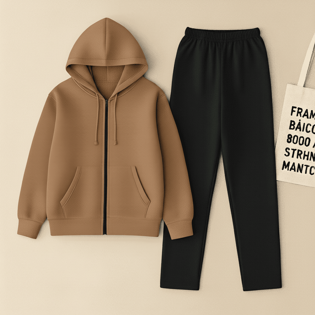 Camel Zipper And Black Trouser Set