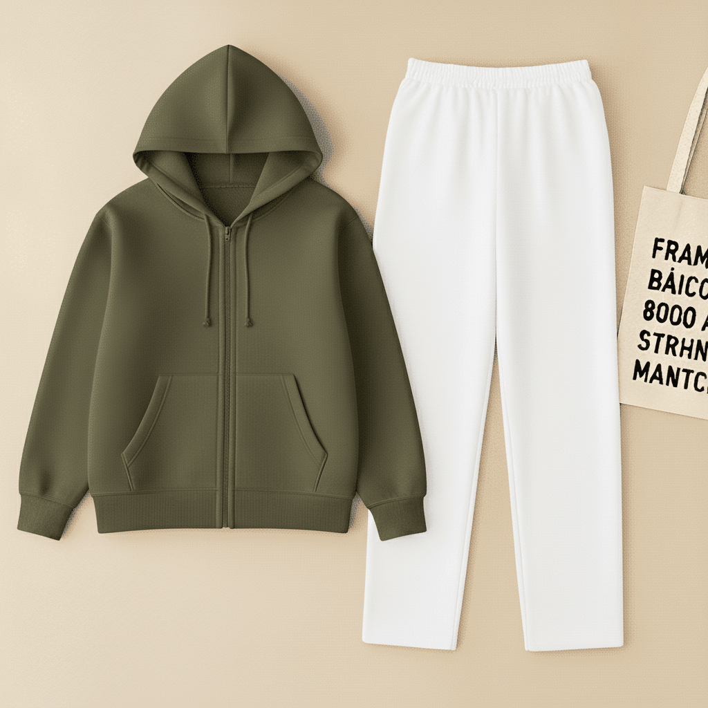 Olive Zipper And White Trouser Set