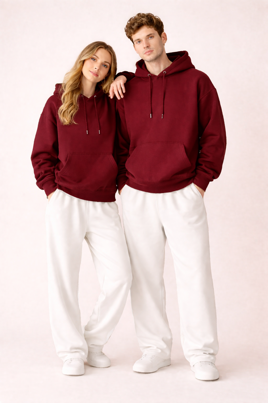Essential Maroon Hoodie & White Trouser Set