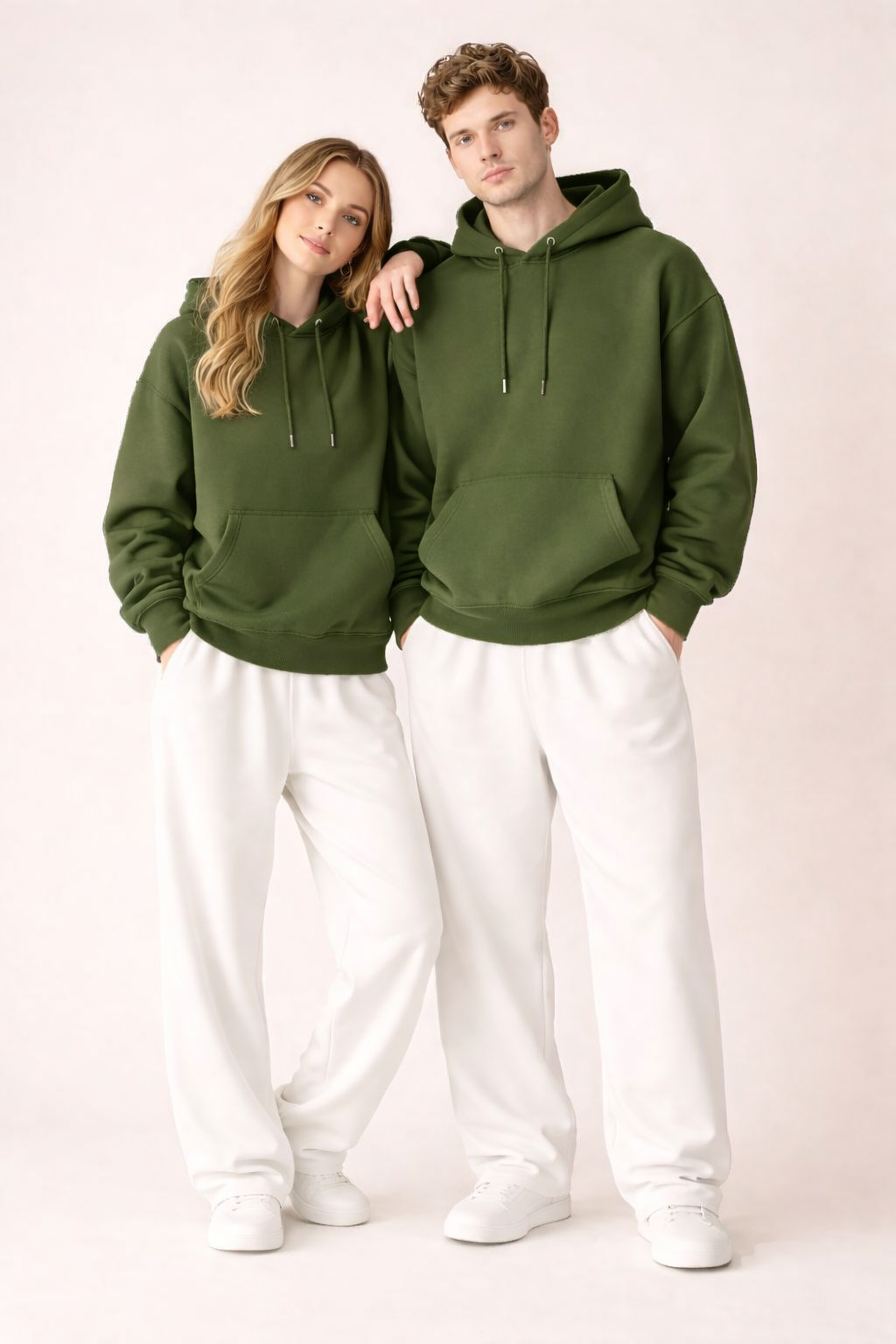 Essential Olive Hoodie & White Trouser Set