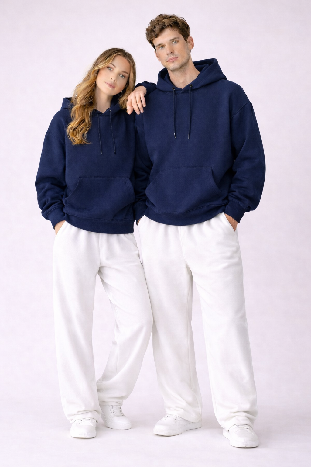 Essential Navy Blue Hoodie & White Trouser Set