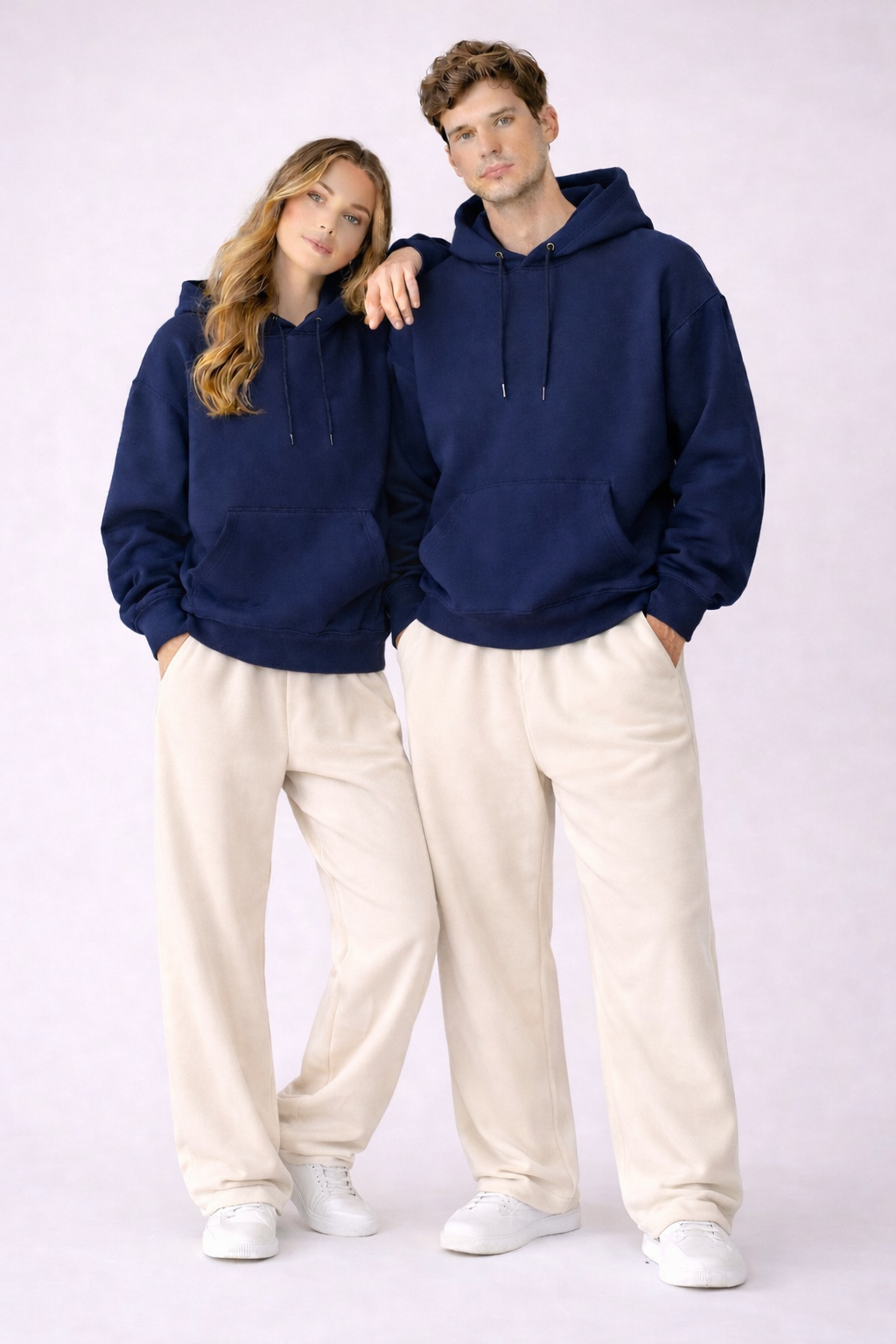 Essential Navy Blue Hoodie & Beige Trouser Set