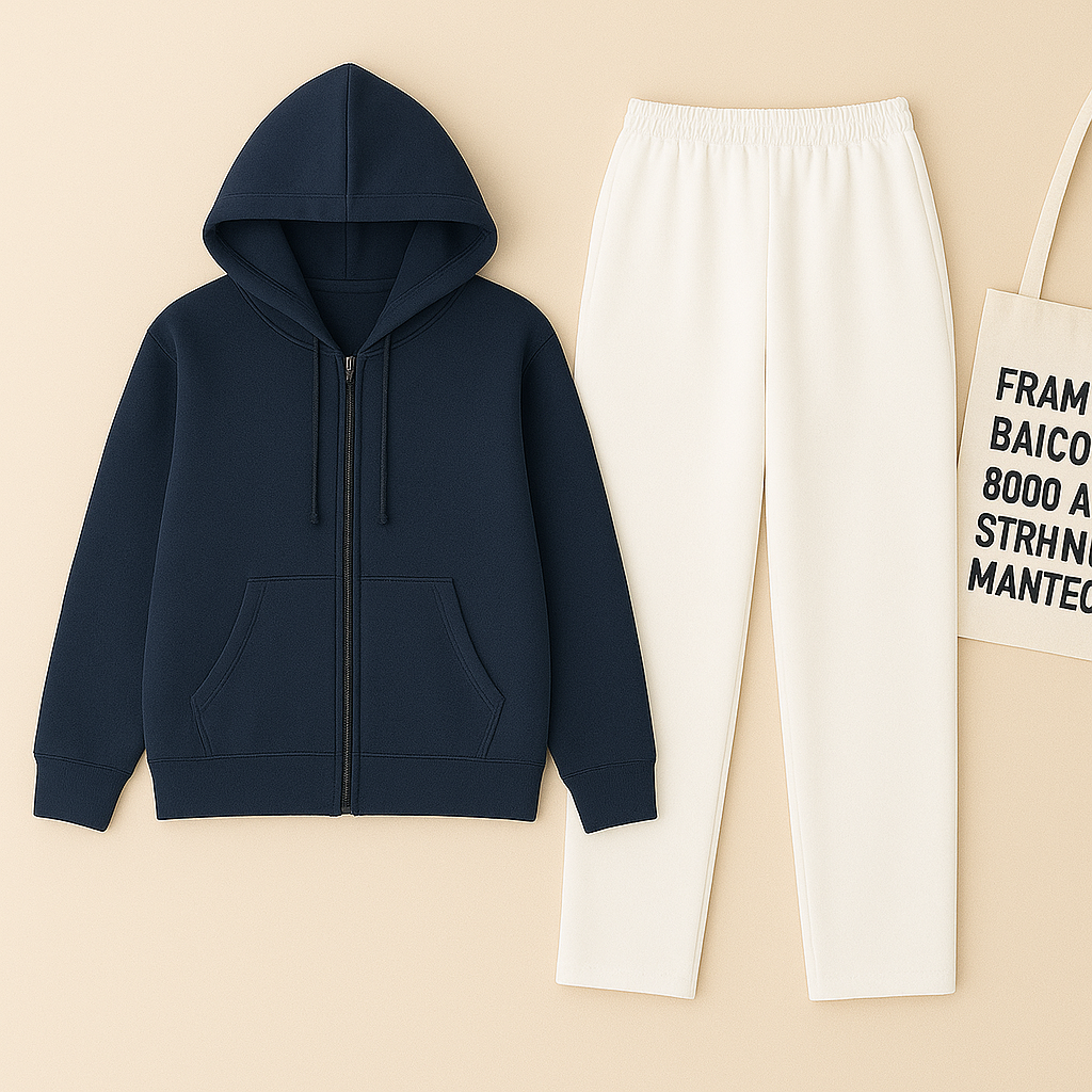 Navy Blue Zipper And White Trouser set