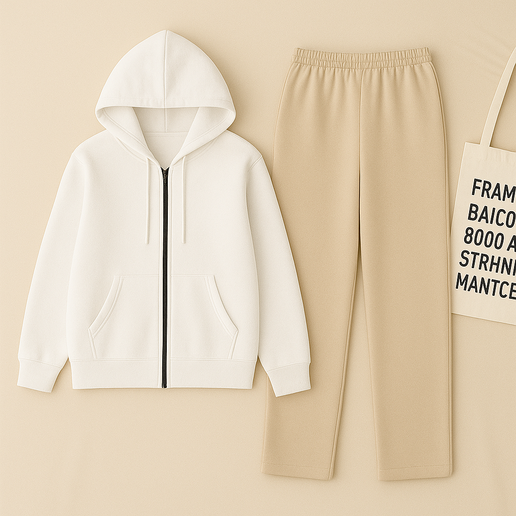 White Zipper And Beige Trouser set