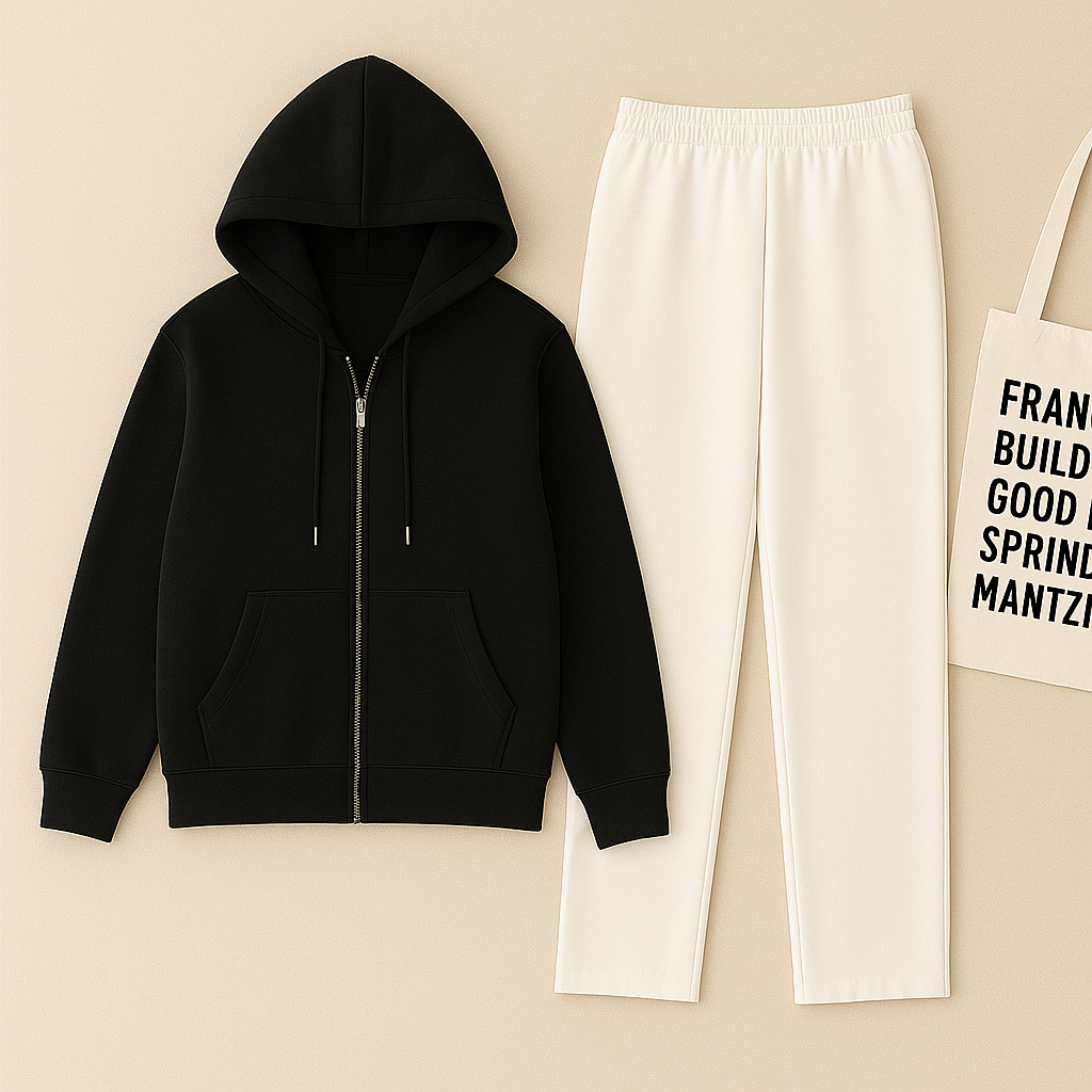 Black zipper And White Trouser set