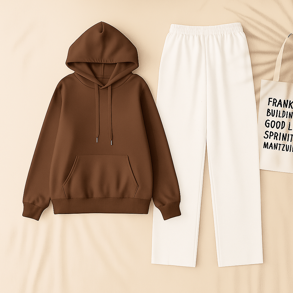 Brown Hoodie & White Flapper Trouser Set
