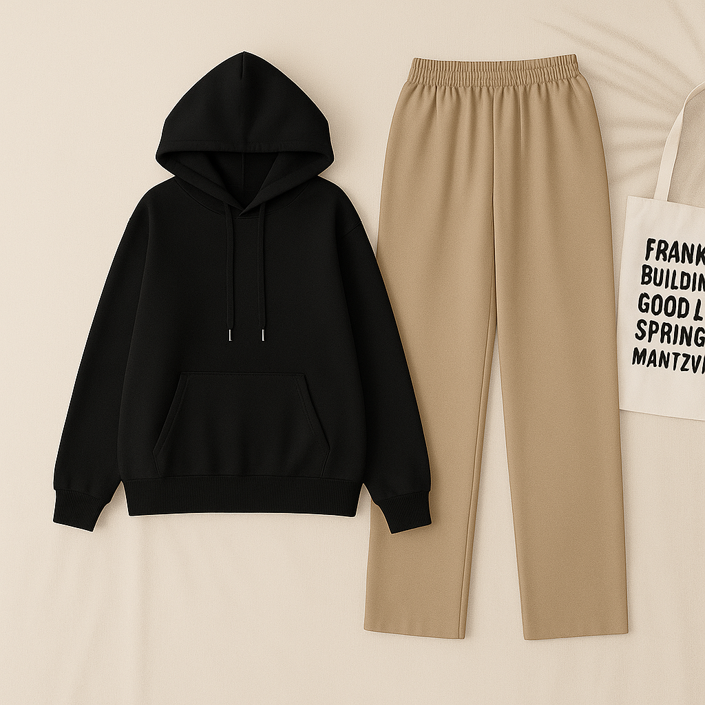 Black Hoodie & Biege Flapper Trouser