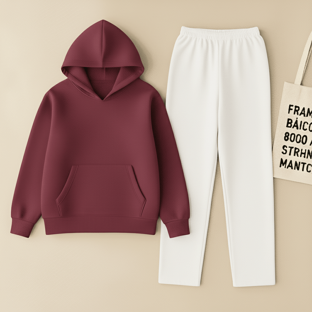 Maroon Hoodie & White Flapper Trouser Set