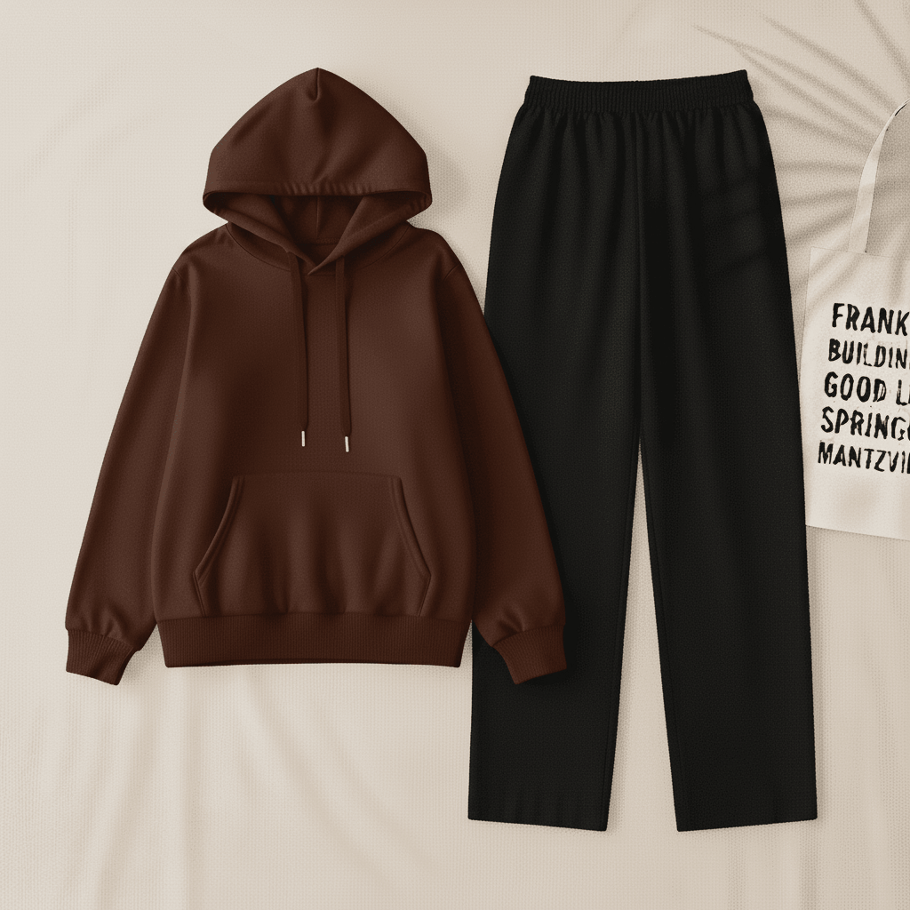 Brown Hoodie & Black Flapper Trouser