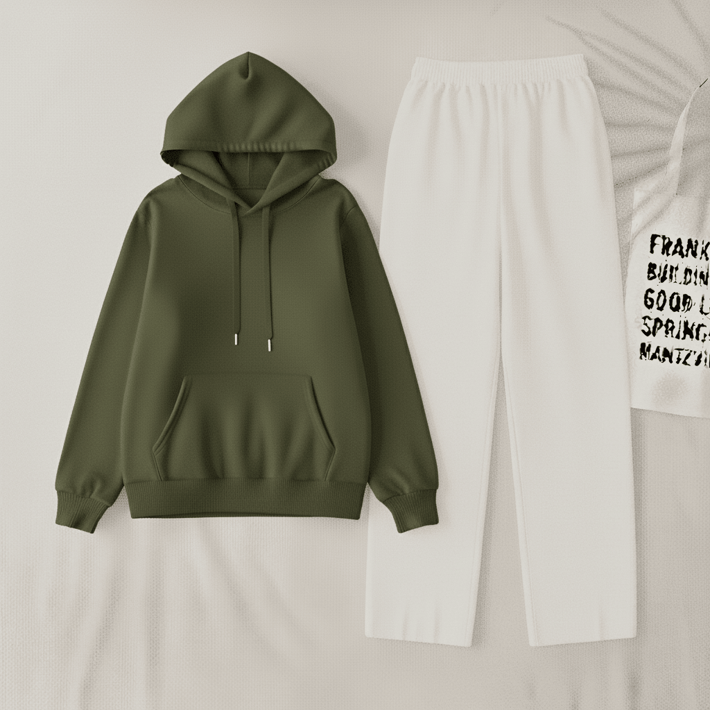 Olive gareen  Hoodie & White Flapper Trouser Set
