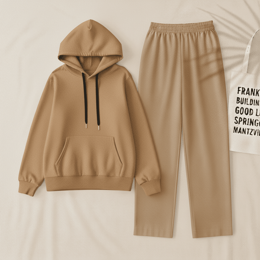 Camel Hoodie & Biege Flapper Trouser Set