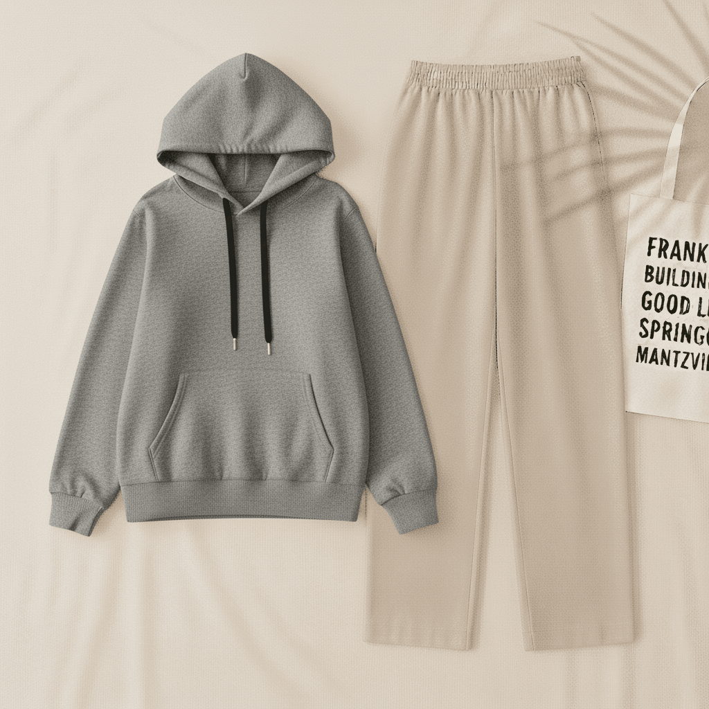 Gray Hoodie & Beige Flapper Trouser
